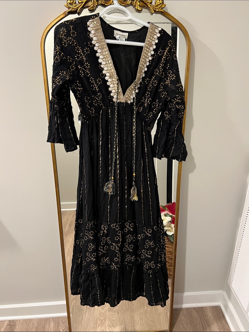 Ashley Taylor Black Maxi Dress with Gold Embellishment